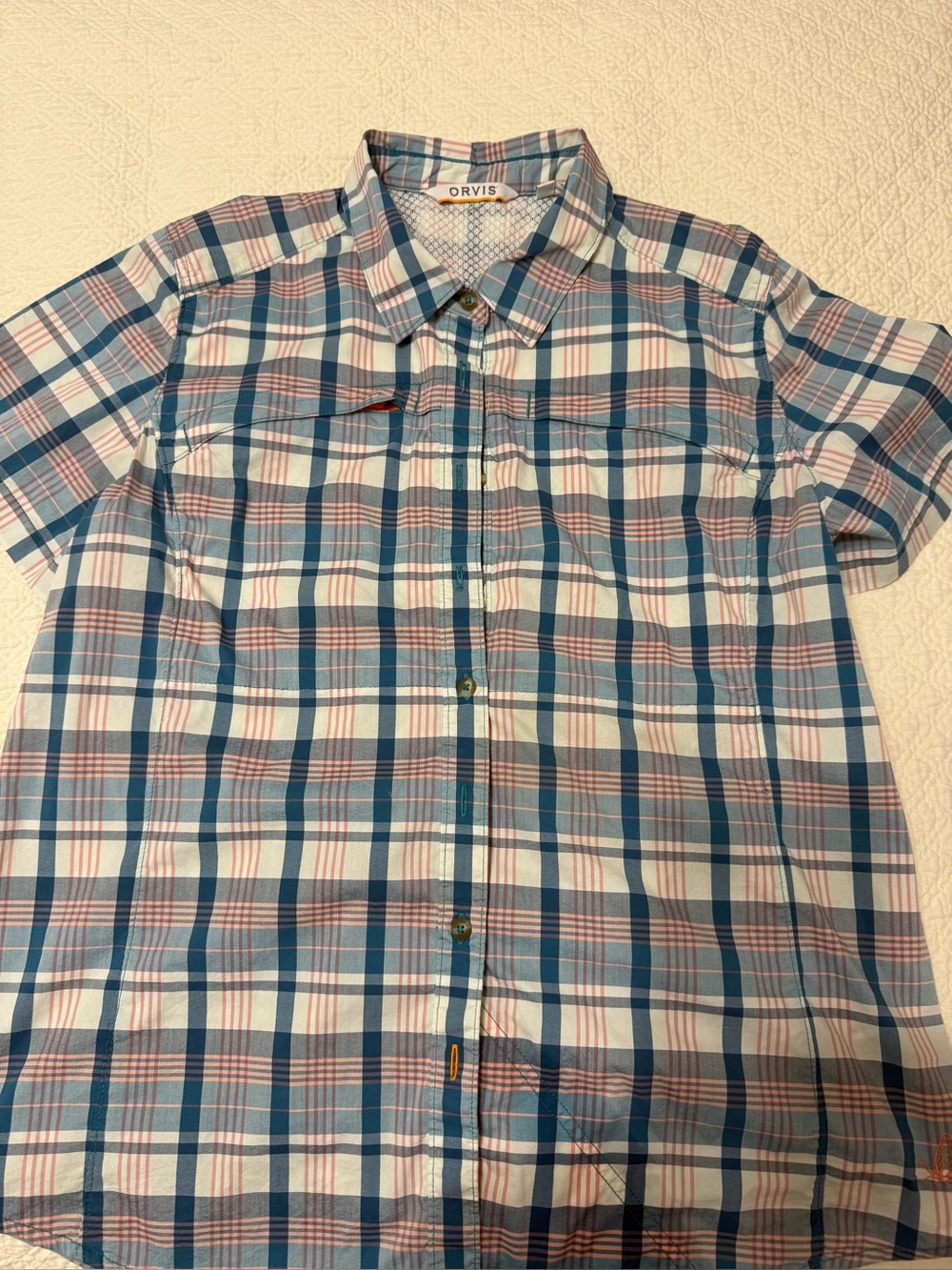 Orvis women’s Teal & White Plaid Short-Sleeve Shirt size large